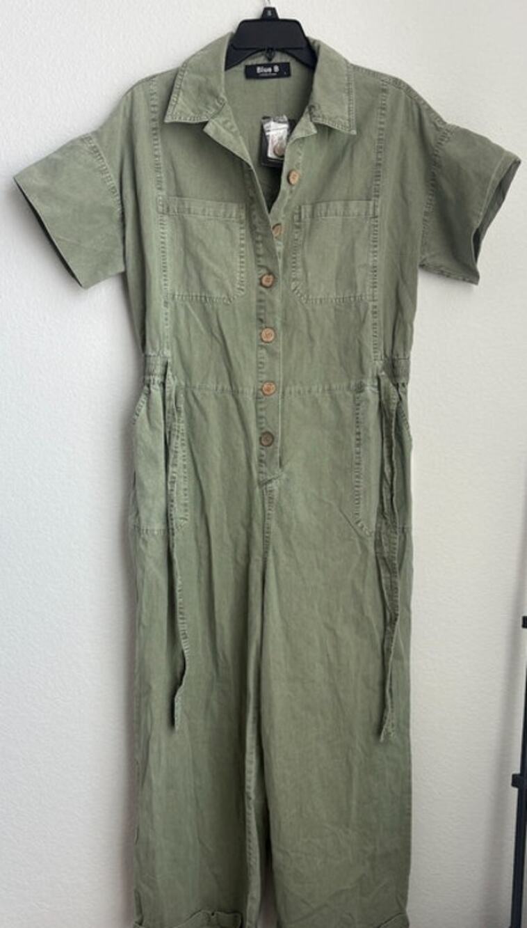 NWT Womens Blue B Green Short Sleeve Wide Leg Button Jumpsuit Size Large